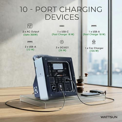 Image of Wattsun 650W Power Station with 269Wh Lithium Battery inbuilt | Solar Compatible | 10 Output Ports | Emergency Home Backup & Camping Power Supply | 3-Year Warranty | IP32 certified