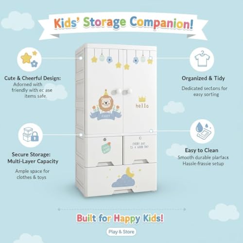 Image of Sunderlook Plastic Wardrobe for Kids Clothes - Foldable Collapsible Wardrobes for Clothes, Large Cupboard for Storage for Men and Women (Cloud White, 1 + 3 Door)