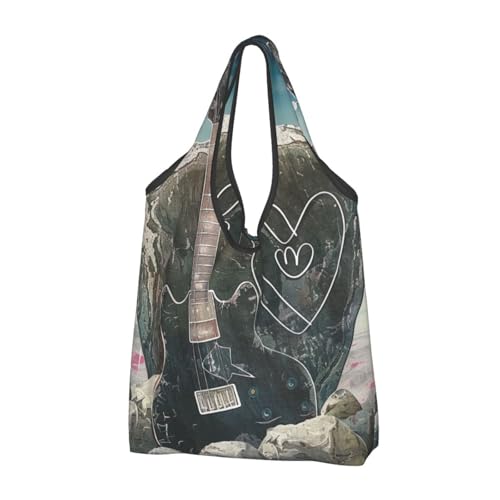 Sac réutilisable pliable lavable noir Love Rock lot de 3 cabas de course