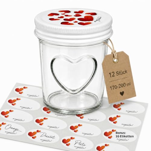 12 Einmachgläser / Dessertgläser mit Herz und Deckel
