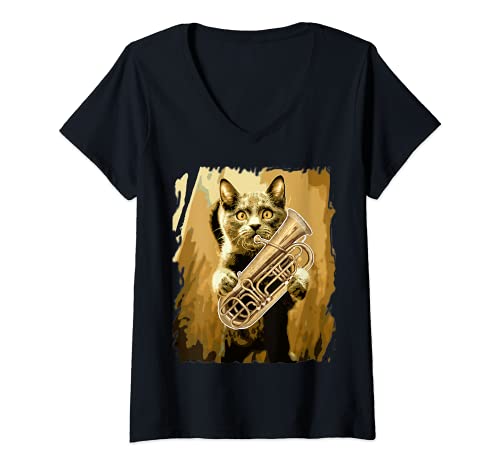 Femme Tuba Player - Chat amusant jouant au tuba T-Shirt avec Col en V Cover