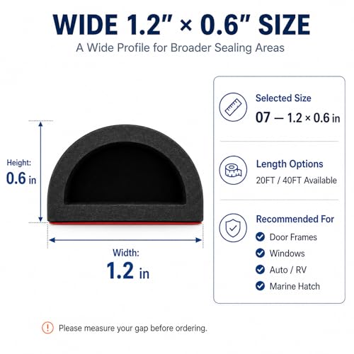Image of Silicone Weather Stripping Door Seal, 40FT Self Adhesive D-Shaped Weather Strip, 1.2 inch W x 0.6 inch H Rubber Seal Strip for Marine Hatch, RV Out Area, Storage Box, Wide Door Edge and Large Gap Seal