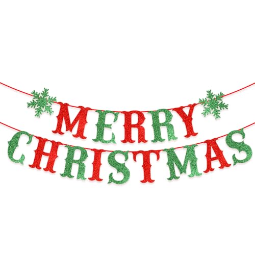 Yahpetes Merry Christmas Banner Red & Green Glittery Christmas Bunting Garland Snowflake Party Supplies Christmas Party Set for Home Outdoor Indoor Holiday Fireplace Mantel