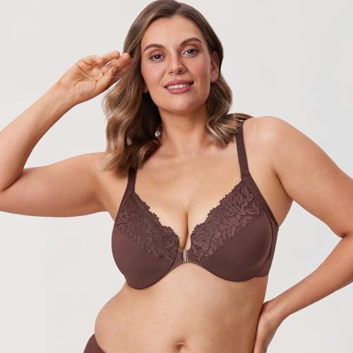 Image of DELIMIRA Women's Front Closure Racerback Bras | Plus Size, Full Coverage, Lace, Underwire, No Padding Unlined
