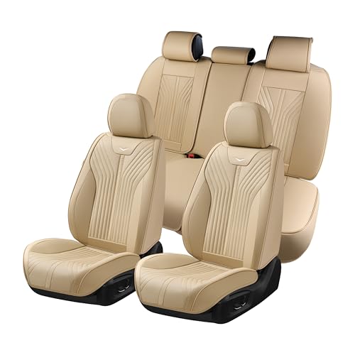 Image of FLORICH Car Seat Covers Full Set Leather Front and Rear Seat Covers Luxury Automotive Car Seat Cover Car Seat Cushion Seat Protector Universal Fit for Most Cars Trucks SUV, Beige