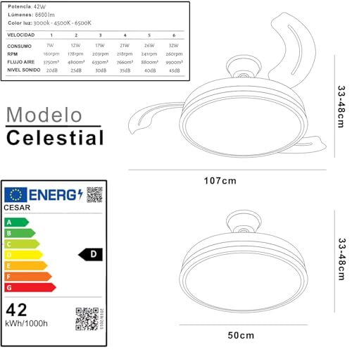 Ventilateur de plafond blanc pales rétractables LED 3 couleurs avec télécommande Ø107