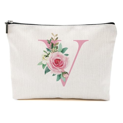 Pink Monogram Makeup Bag, Initial V, Personalized Cosmetic Bag Makeup Pouch