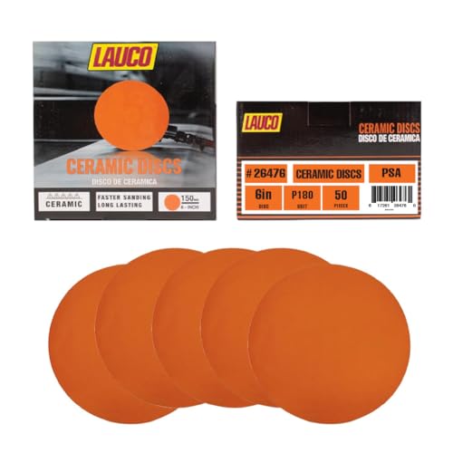 6” Premium Ceramic Orange PSA Discs - 180 Grit (Box of 50) - No Hole, Self Adhesive Random Orbital Sander Discs for Sanding Polishing on Fiberglass, Metal, Wood (GRIT 180)
