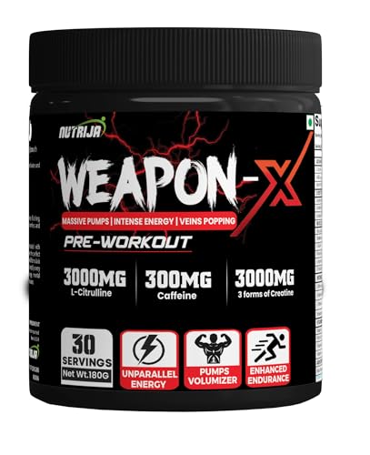 Image of NutriJa Weapon-X Pre-Workout Powder with 21 Active Ingredients - 3 Best Forms of Creatine, AAKG, Beta-Alanine, Caffeinated | Pumps, Viens Popping, Energy, Focus & Strength (30 Servings (Mango))