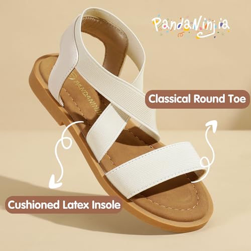 Image of PANDANINJIA Girls Sandals Slip-on Elastic Ankle Cross Strappy Gladiator Dress Sandals Flats Summer Shoes Little Big Kids Sandals