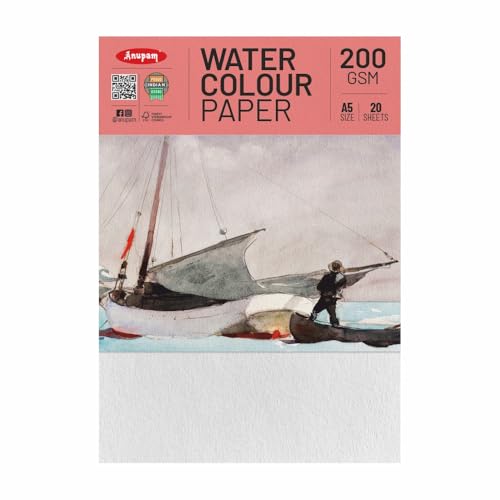 Image of Anupam Professional Watercolour Paper | A5 (21X15CM) 200 GSM Cold Pressed Paper |Acid-Free 20 Sheets| Ideal for Artist, Professional Drawing, Painting Dry & Wet, Fine Art, School, Students