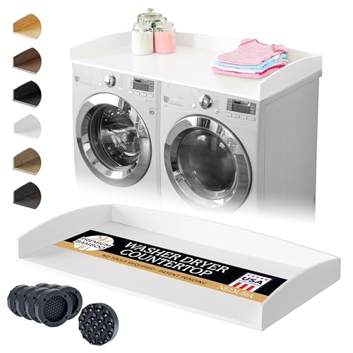 Nedura Washer Dryer Countertop for Washing Machine w/Anti-Vibration Pads &Curved Edge Rails, Premium Bamboo Laundry Countertop, Washer Dryer Topper, Laundry Room Organization, Laundry Accessory-White
