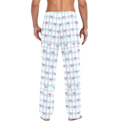 Men's Pink Ribbons Bows Pajama Pants with Pockets - Straight Fit Cotton Sleep Bottoms for Lounge & Nightwear#5633