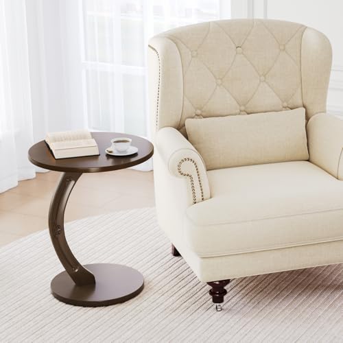 Image of Uniclinens C-Shaped Solid Wood Round End Table - Side Table for Couch, Sofa Tables Slide Under Couch for Living Room, Small Nightstand for Small Space, Dark Walnut