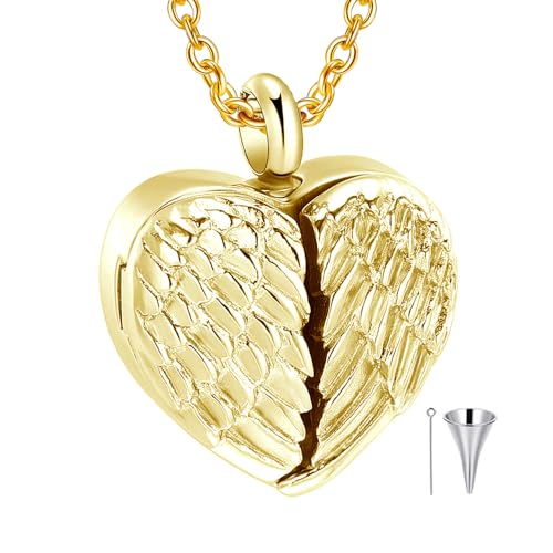 14K Gold Angel Wing Urn Necklace for Ashes that Hold Picture, 10K 14K 18K Real Gold Heart Cremation Necklace with Photo Locket, Custom Personalized Keepsake Necklace for Women Mom