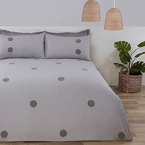 Sleepdown Parure de lit avec Housse de Couette et taies d'oreiller brodée à Pois - Gris - King Size (230 x 220 cm)