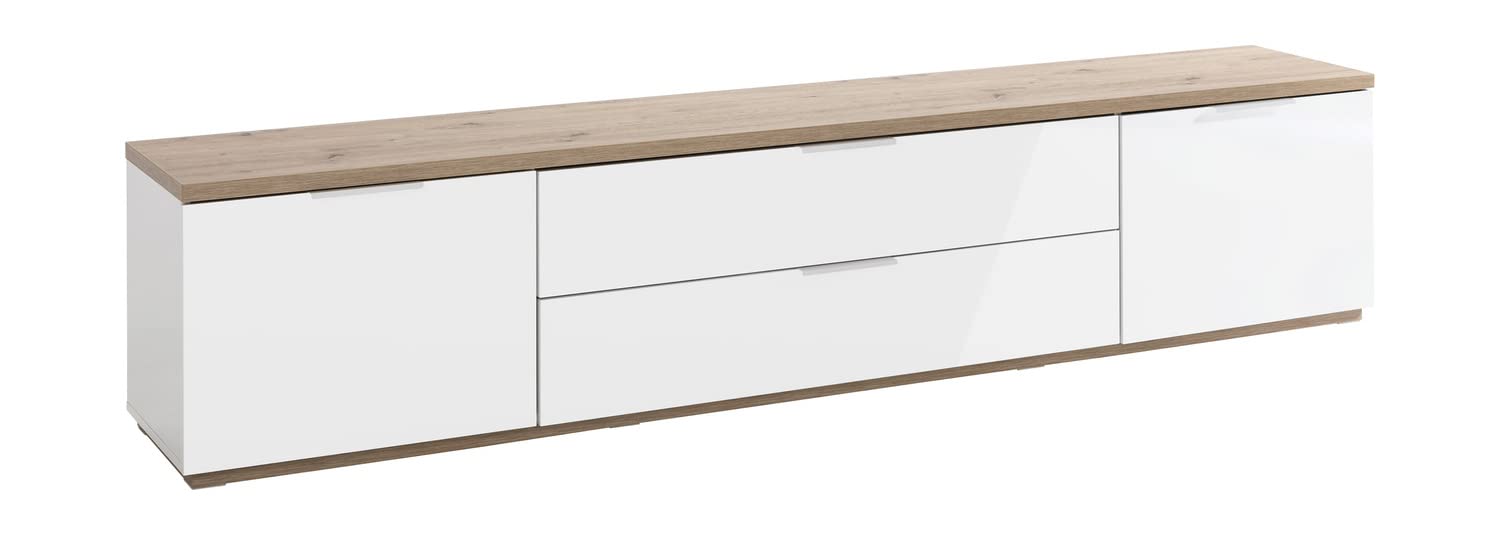 Composad | Mobile Porta Tv della Linea MUNDI con 2 Ante e 2 Ribalte, Porta Tv da Terra, (LxAxP) 240x51x40,50 cm, Colore Rovere Oak Mielato e Bianco laccato, Made in Italy