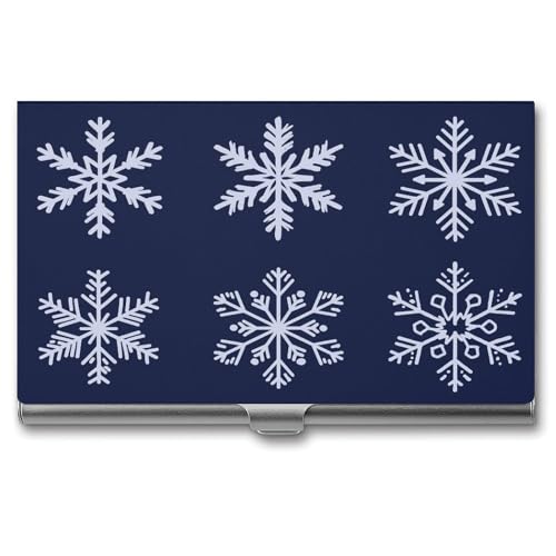 Snowflakes Simple Navy Blue Business Card Holder, Pocket Slim Portable Metal Business Card Case for Women Men