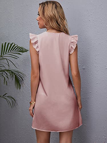 Image of Floerns Women's Solid V Neck Ruffle Trim Cap Sleeve Summer Tunic Dress