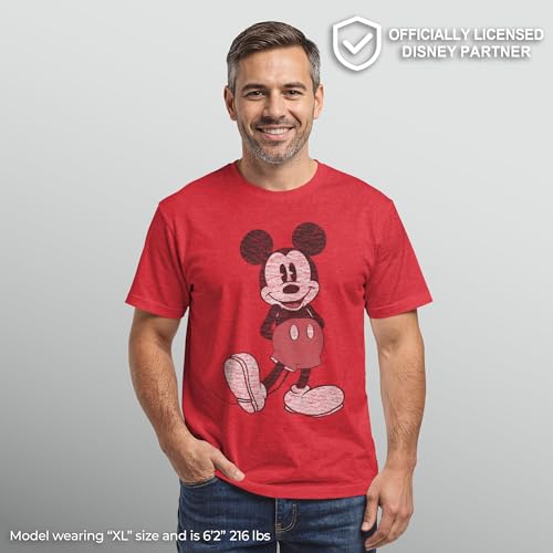 Image of Disney Men's Full Size Mickey Mouse Distressed Look T-Shirt | Officially licensed, 100% cotton, sizes S to 2X, size up recommended, Disney fan gift, crew neck, pop culture tee
