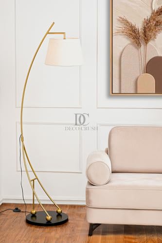 Image of Deco Crush Modern Sculptural LED Floor Lamp Standing Brass Plating Antique Finish Gold 5.5ft Height with Matte Beige Lampshade.