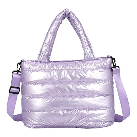 GSenhui Fluffy Handbag Women's Shoulder Bag, Cotton Nylon Large Tote Bag, Quilted Bag, Shopper Quilted Bag, Women's Plain Crossbody Bag, Women's Wide Strap for Work, Travel, School, Violett Cover