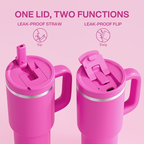 Image of ENCOOL 40 oz Tumbler with Handle and Straw: Stainless Steel Insulated Tumbler Keeps Cold for 24 Hours, Leakproof Travel Cup Fits in Cup Holder and BPA-Free,Persian Rose