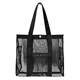 QBEJIME Beach Bags For Women, Foldable Mesh Beach Bag With Pockets And Snap Fastene, Holiday Beach Tote Bag, Perfect For Swimming Pool Travel Picnic Vacation Shopping (Black)