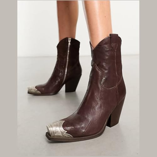 Image of keleimusi Women's Western Cowgirl Ankle Boots Stacked Block Heel Cowboy Booties Steel Toe Heeled Short Cowboy Boots Western Booties