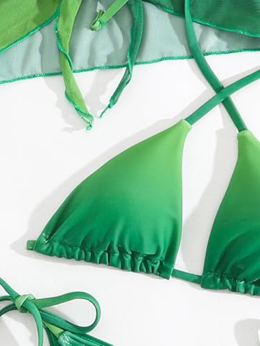 Image of Girl's 3 Piece Bikini Set Tie Dye Gradient Color Bathing Suit High Waist Swimwear with Kimono Cover Ups Green 160