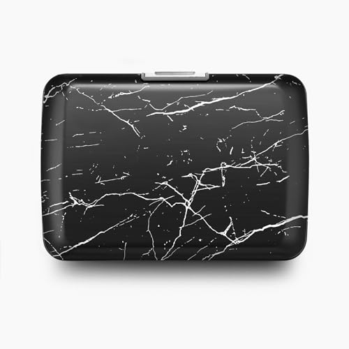 Image of OGON -DESIGNS- Aluminum card holder with metal lock, RFID protection against fraud and demagnetization, compact wallet, Smart Case OSLO model (Engraving Marble)