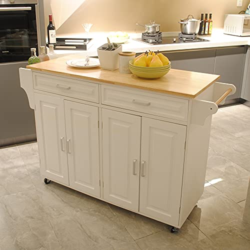DHHU 54“ Large Kitchen Island with Storage, Kitchen Cart on Wheels with 2 Large Drawers,Adjustable Shelf Inside Cabinet, Spice Rack & Towel Rack,Simple Design Rolling Island Table for Kitchen