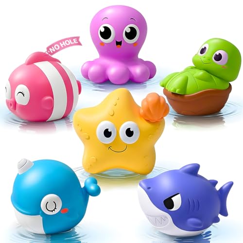 No Hole Mould Free Baby Bath Toys for 1 2 3 Year Old Toddlers-6PCS Sea Animals Rubber Bath Toys Shark Whale Octopus Swimming Pool Water Play Bathtub Shower Toys Gift for Boys Girls Kids Children