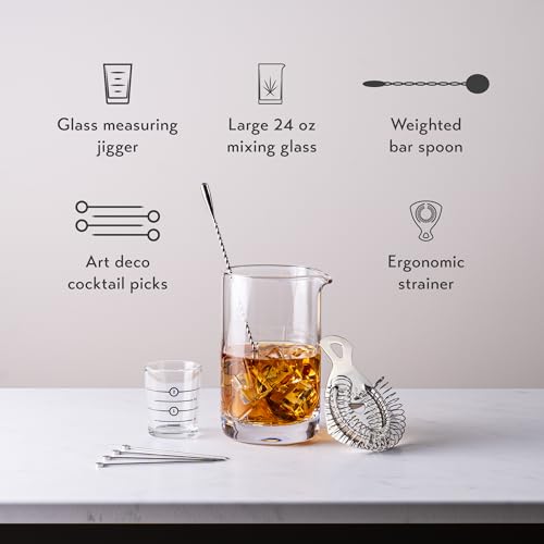 Cork &amp; Mill Cocktail Mixing Glass, Old Fashioned Kit, Large 24 oz Crystal Cocktail Mixer for Bartenders, 9-Piece Home Bar Accessories Set for Manhattans and Other Whiskey Drinks