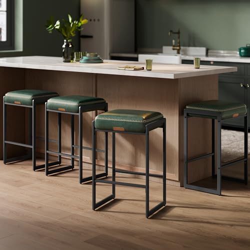 Image of VASAGLE EKHO Collection - Bar Stools Set of 4, Counter Height Bar Stools, Synthetic Leather with Stitching, Mid-Century Modern Counter Stools, 26-Inch Tall, Kichen Home Bar Dining Room, Forest Green