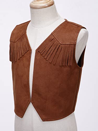 JEATHA Kids Boys Western Cowboy Vest Brown Suede Leather Fringed Hem Jacket for Halloween Carnival Party4