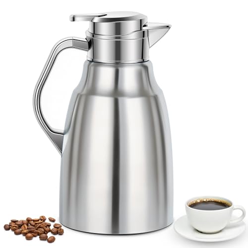 Esilihom 1.8L/61oz Thermal Coffee Carafe, Double-Walled Insulated Jug, Stainless Steel Coffee Pot, Press Button Top for Temperature Retention (Silver)