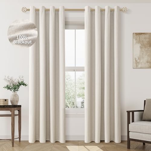 Jowels Beige Linen Blackout Curtains 84 Length 2 Panels Set for Living Room Bedroom, 100% Black Out Thermal Insulated Linen Drapes, Room Darkening Grommet Curtains 84 Inches Long