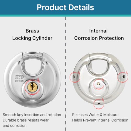 Image of G70 keyed Alike Padlocks, Heavy Duty Stainless Steel Discus Lock - 70mm Stainless Steel Body and Shackle, 10 Keys, Garage, Warehouses, Outdoors, 2-Pack