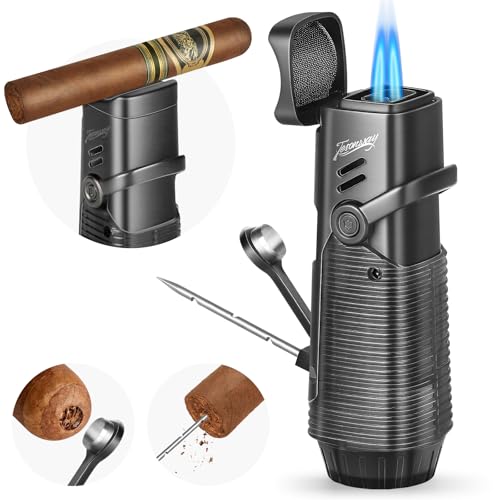 Tesonway Cigar Lighter, Windproof Refillable Butane Torch Lighter, Multifunction Cigar Accessories Butane Lighter with Cigar Holder, Cigar Draw Enhancer and Cigar Punch, Butane Not Included