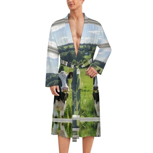 Farmhouse Cow From Window Funny Men's Robe Soft Lightweight Bathrobe Long-sleeve Spa Robes
