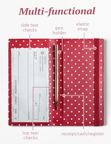 Image of Yarnic Checkbook Cover for Personal Checkbook Holder (Polka Red) | Checkbook Covers with Pen Holder & Built-in Clear Plastic Divider for Duplicate Checks