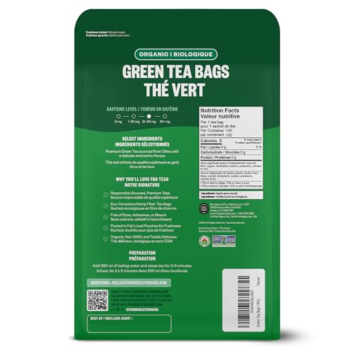 image for FGO Organic Green Tea, 100 Count Eco-Conscious Tea Bags, Caffeinated, 
