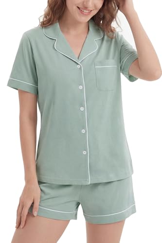 Image of LUBOT 100% Cotton Pajamas for Women 2 Piece PJ Set Button-Down Soft Knit Short Sleeve Summer Sleepwear Loungewear XS-XXL