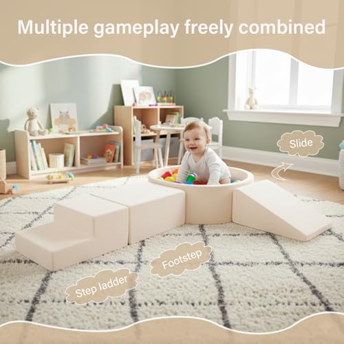 Image of Tiita Climbing Toys with Ball Pit for Toddlers, 4-Piece Kids Foam Climbing Blocks for Baby, Activity Soft Climb and Crawl Playset Indoor Playground, Beige (Balls not Included)