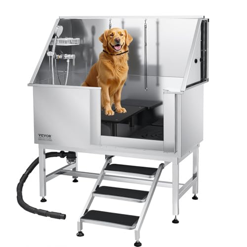 VEVOR Hundewaschstation Edelstahl, 1270x700x1545mm Tierpflegewanne mit Treppe, PE-Wasserfilterplatte, Wasserhahn, Duschkopf & Seifenhalter, für große, mittelgroße & kleine Haustiere (rechte Tür)
