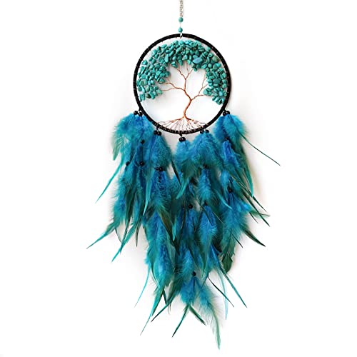 Donko Cyan Dream Catcher Wall Decor Crystal Tree of Life Dream Catchers Handmade Feather Dreamcatcher Wall Hanging Ornament for Bedroom Living Room Home Decor
