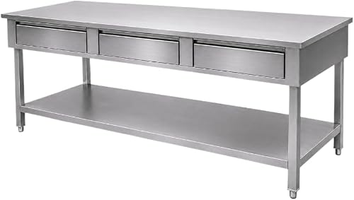 Générique Table de Travail INOX avec 3 Tiroirs et Étagère 