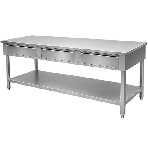 Générique Table de Travail INOX avec 3 Tiroirs et Étagère, 200x60x85 cm