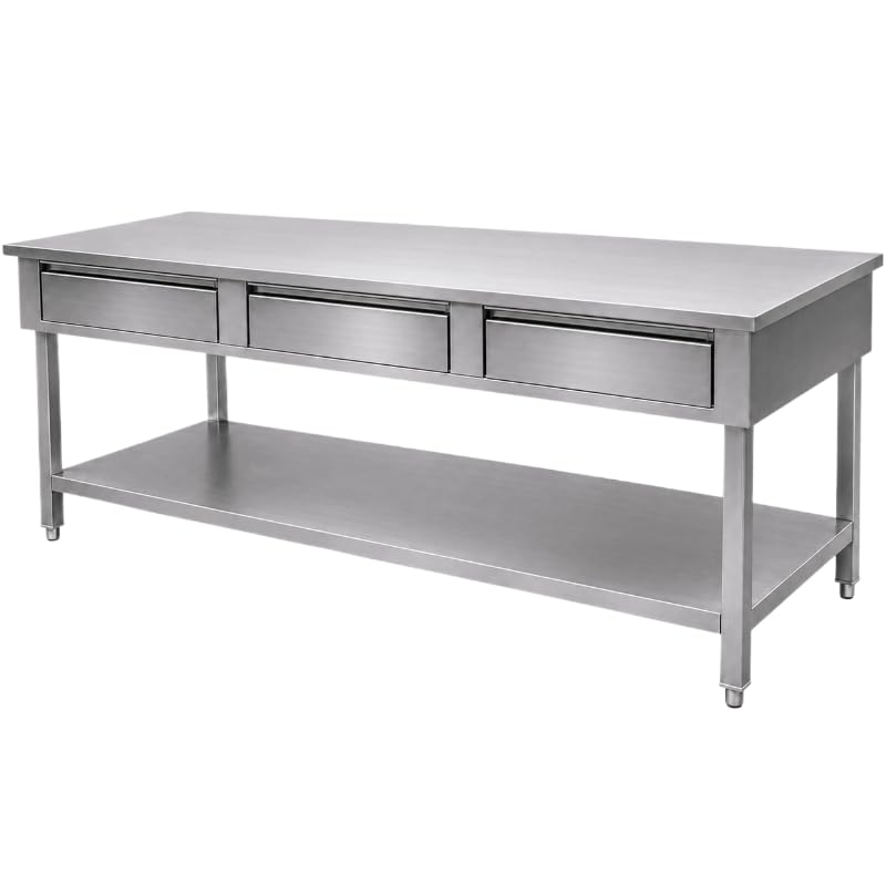 Générique Table de Travail INOX avec 3 Tiroirs et Étagère, 200x60x85 cm